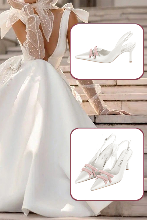 Women's pure white and powder pink elegant slingback heels, with a bow on the front. Pointed toe. High slim heel - Worn view